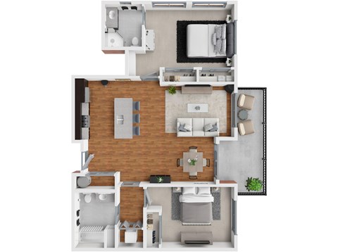 A 3D floor plan of a house with a kitchen, living room, and two bedrooms.